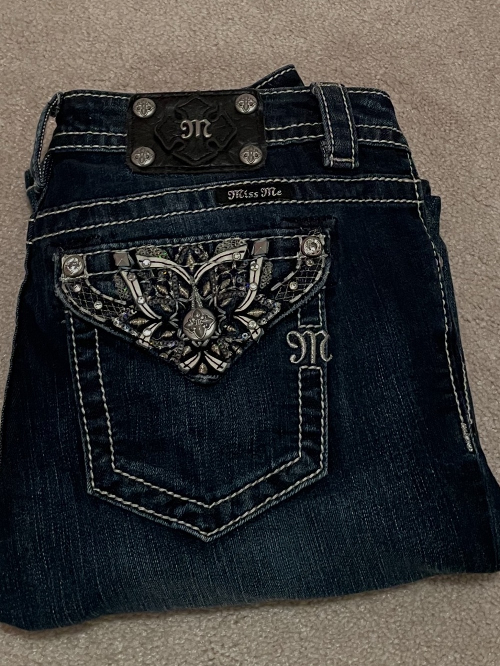 Miss Me Dark Indigo Boot Cut Jeans with Contrast Stitching